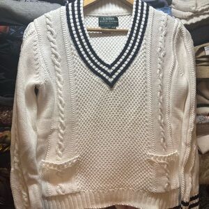 Vintage Lauren Ralph Lauren Cricket Sweater PS White Cable Knit V-Neck 1990’s